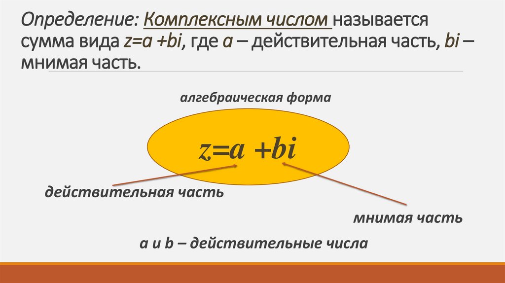 Определение: Комплексным числом называется сумма вида z=a +bi, где a – действительная часть, bi – мнимая часть.