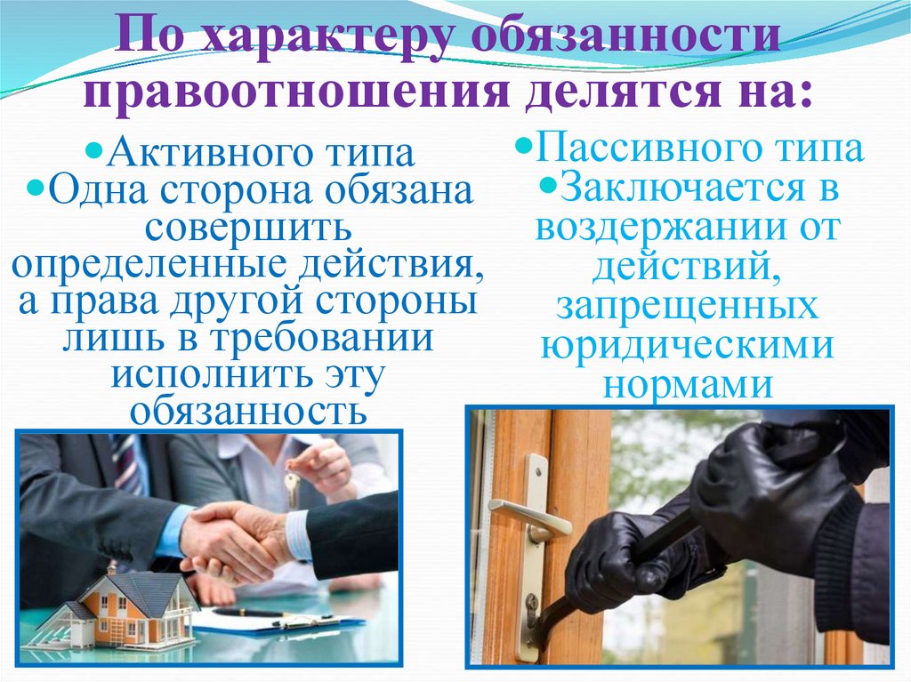 По характеру обязанности правоотношения делятся на: