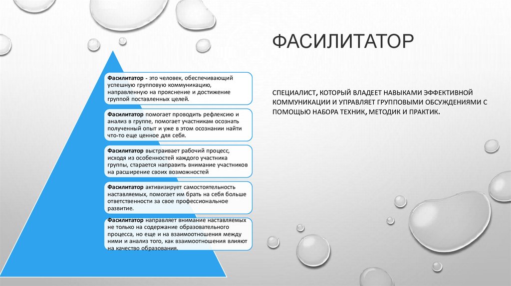 фасилитатор специалист, который владеет навыками эффективной коммуникации и управляет групповыми обсуждениями с помощью набора