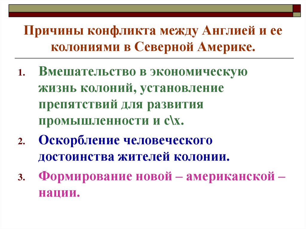 Причины конфликта между Англией и ее колониями в Северной Америке.