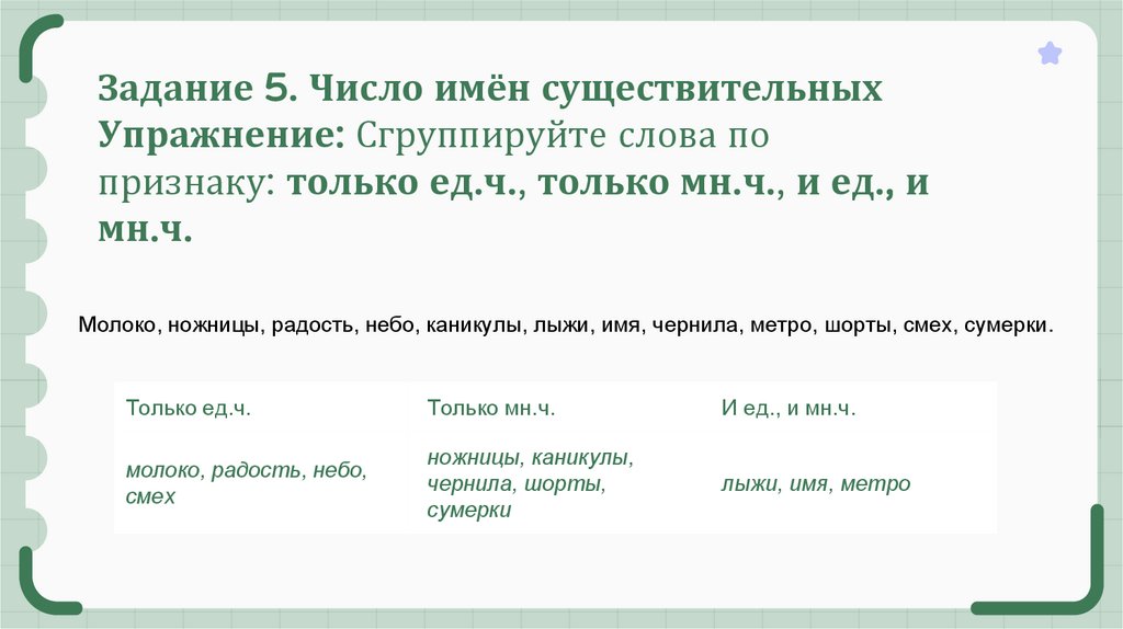 Задание 5. Число имён существительных Упражнение: Сгруппируйте слова по признаку: только ед.ч., только мн.ч., и ед., и мн.ч.