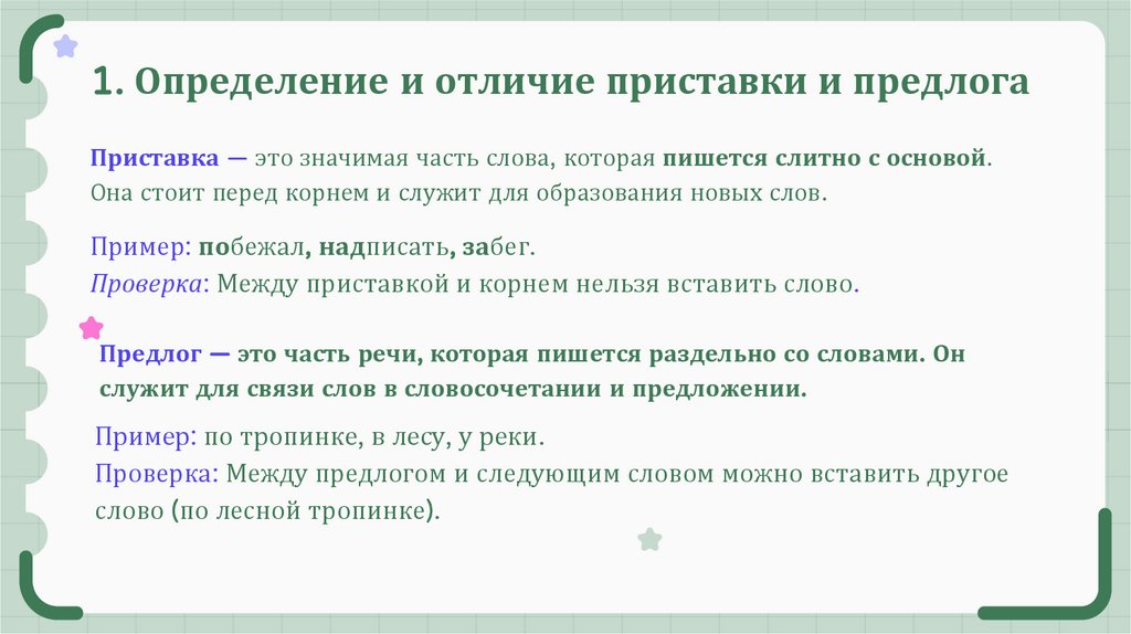 1. Определение и отличие приставки и предлога