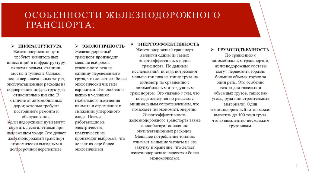 особенности железнодорожного транспорта: