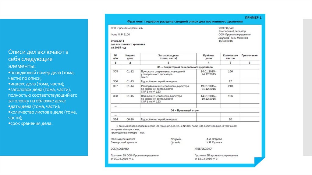 Описи дел включают в себя следующие элементы: •порядковый номер дела (тома, части) по описи; •индекс дела (тома, части);