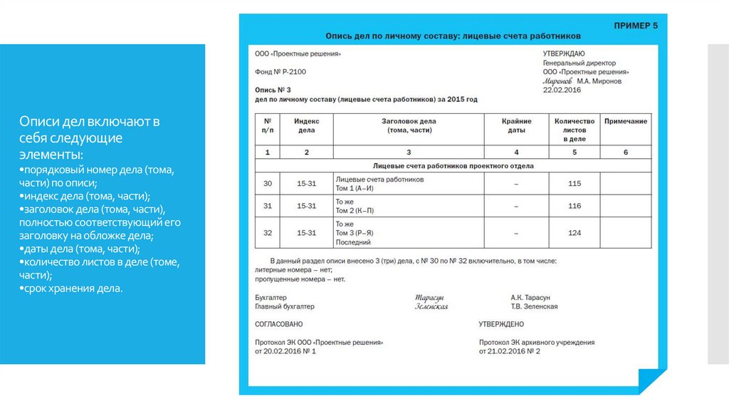 Описи дел включают в себя следующие элементы: •порядковый номер дела (тома, части) по описи; •индекс дела (тома, части);