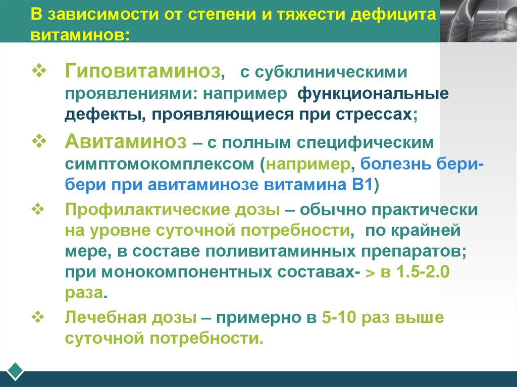 В зависимости от степени и тяжести дефицита витаминов: