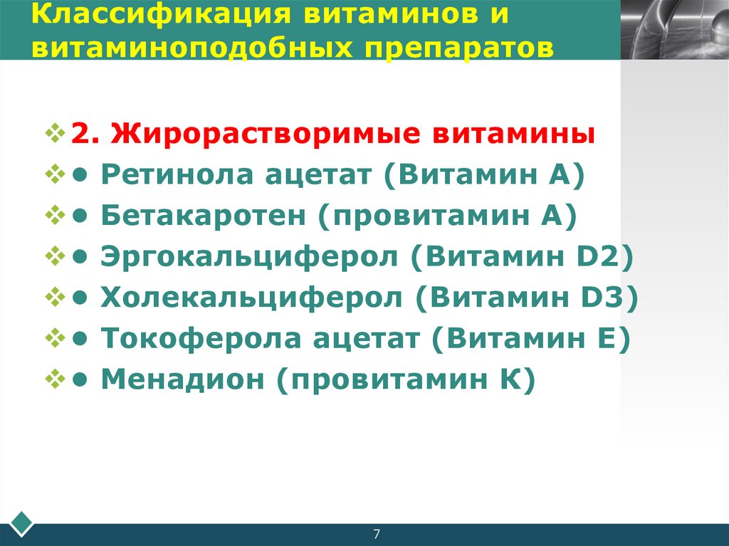 Классификация витаминов и витаминоподобных препаратов