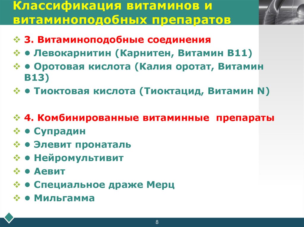Классификация витаминов и витаминоподобных препаратов