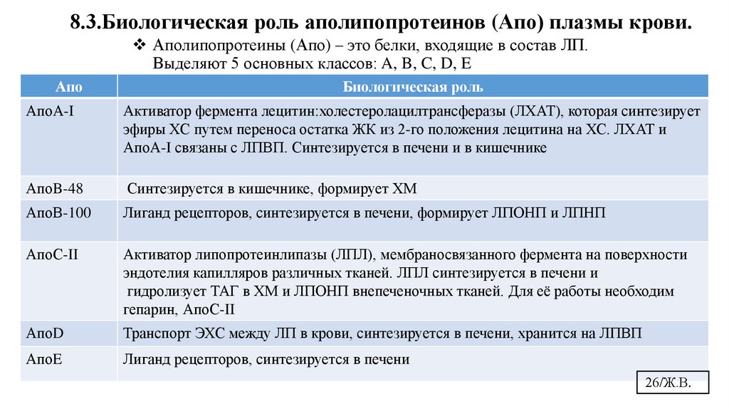Аполипопротеины (Апо) – это белки, входящие в состав ЛП. Выделяют 5 основных классов: A, B, C, D, E