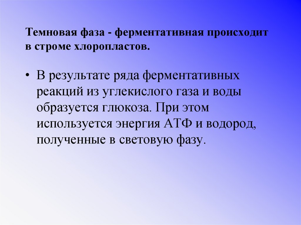 Темновая фаза - ферментативная происходит в строме хлоропластов.
