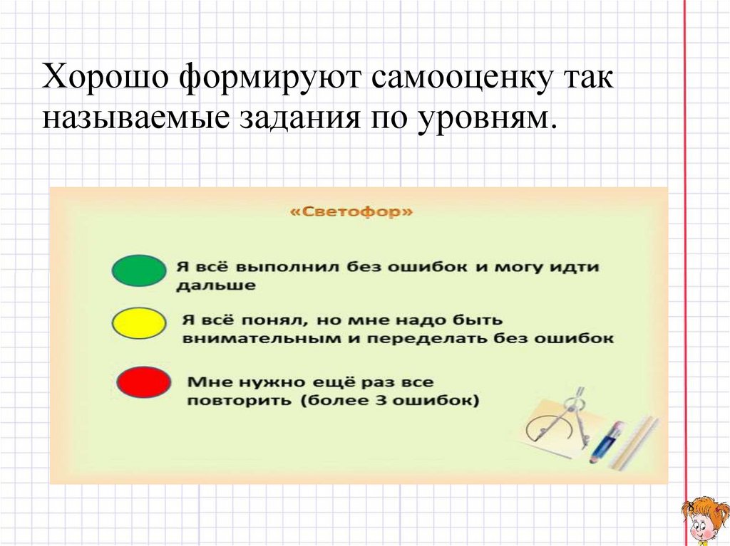 Хорошо формируют самооценку так называемые задания по уровням.
