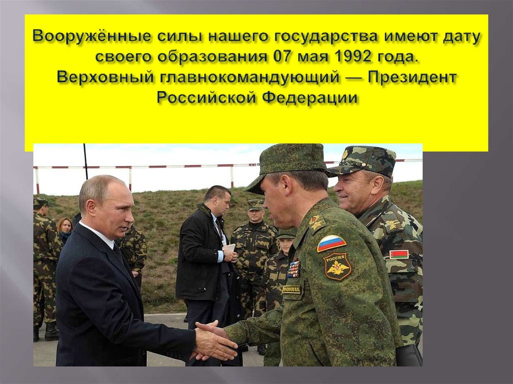 Вооружённые силы нашего государства имеют дату своего образования 07 мая 1992 года. Верховный главнокомандующий — Президент