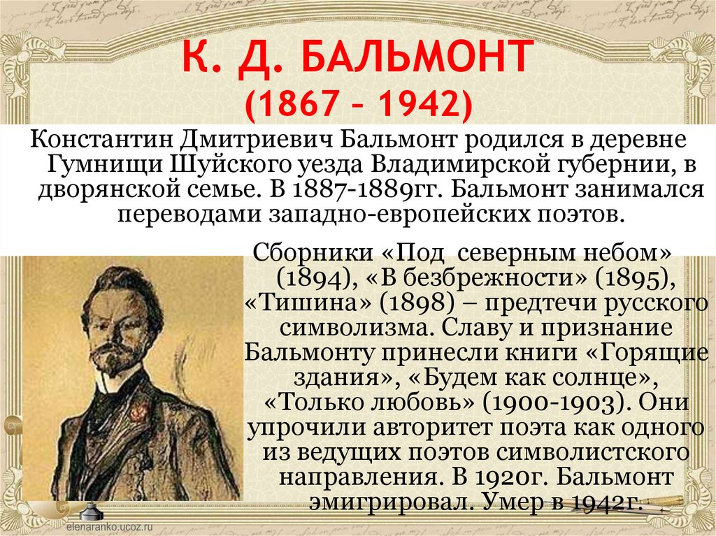 К. Д. БАЛЬМОНТ (1867 – 1942)