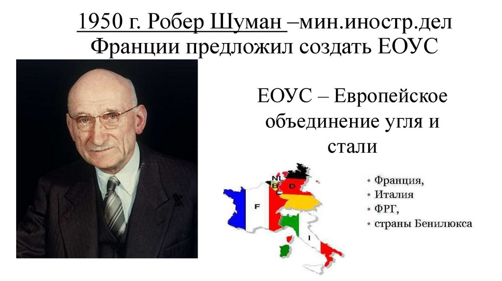 1950 г. Робер Шуман –мин.иностр.дел Франции предложил создать ЕОУС