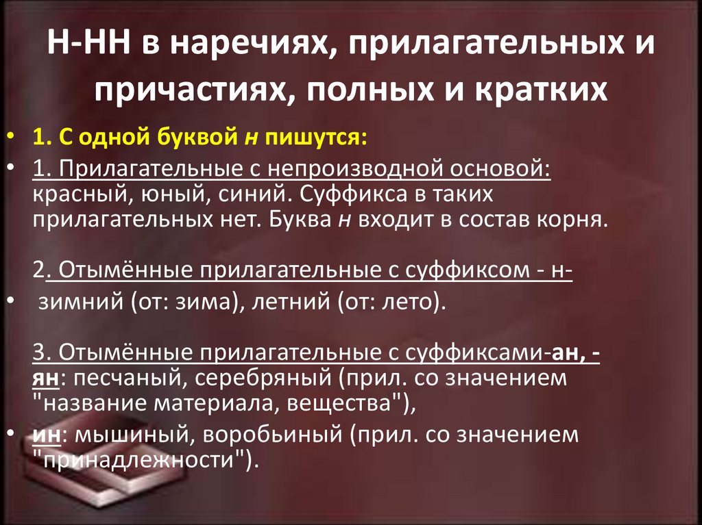 Н-НН в наречиях, прилагательных и причастиях, полных и кратких