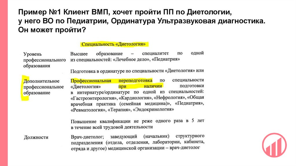 Пример №1 Клиент ВМП, хочет пройти ПП по Диетологии, у него ВО по Педиатрии, Ординатура Ультразвуковая диагностика. Он может