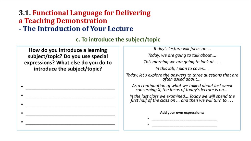 3.1. Functional Language for Delivering a Teaching Demonstration - The Introduction of Your Lecture