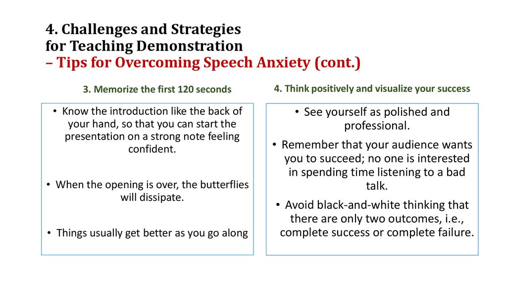 4. Challenges and Strategies for Teaching Demonstration – Tips for Overcoming Speech Anxiety (cont.)