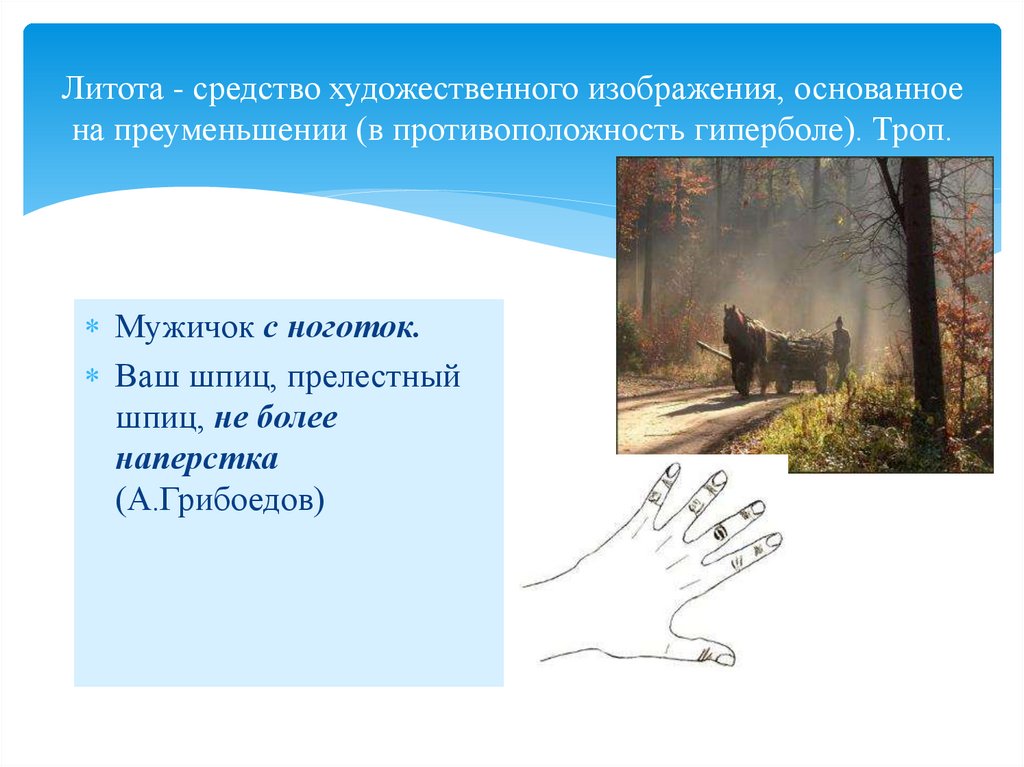 Литота - средство художественного изображения, основанное на преуменьшении (в противоположность гиперболе). Троп.