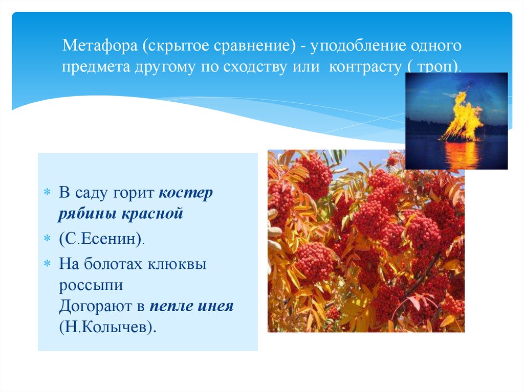 Метафора (скрытое сравнение) - уподобление одного предмета другому по сходству или контрасту ( троп).