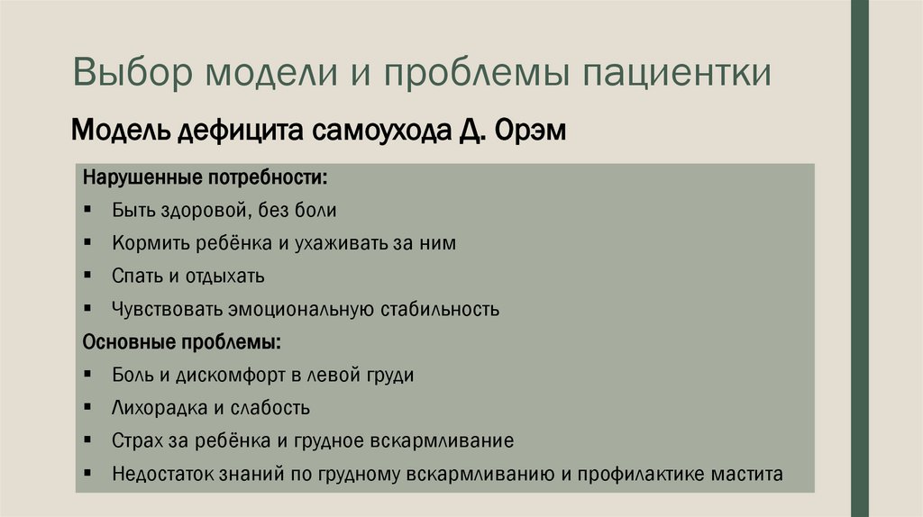 Выбор модели и проблемы пациентки