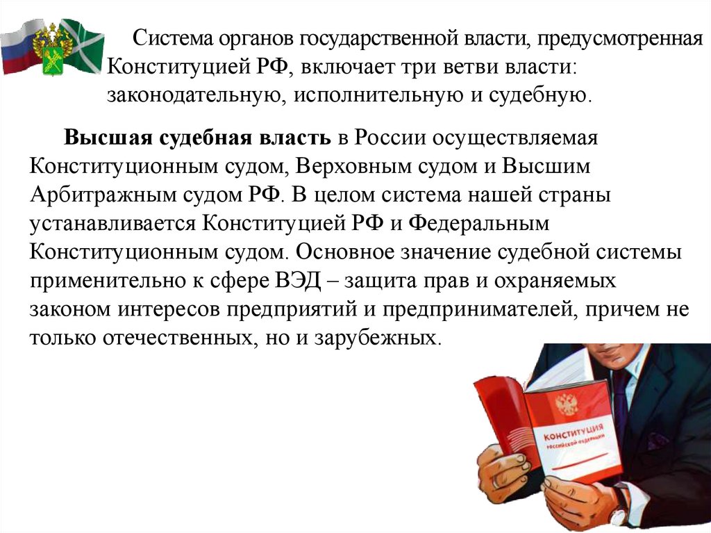 Система органов государственной власти, предусмотренная Конституцией РФ, включает три ветви власти: законодательную,