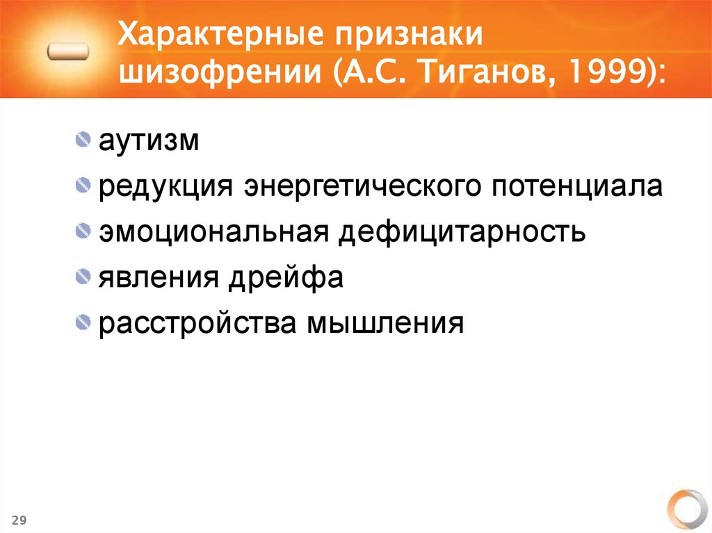 Характерные признаки шизофрении (А.С. Тиганов, 1999):