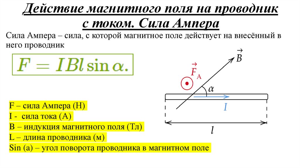 Действие магнитного поля на проводник с током. Сила Ампера