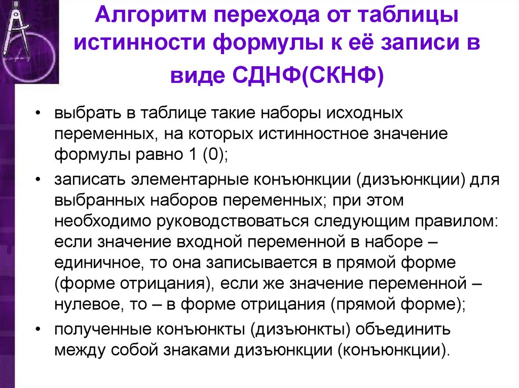 Алгоритм перехода от таблицы истинности формулы к её записи в виде СДНФ(СКНФ)