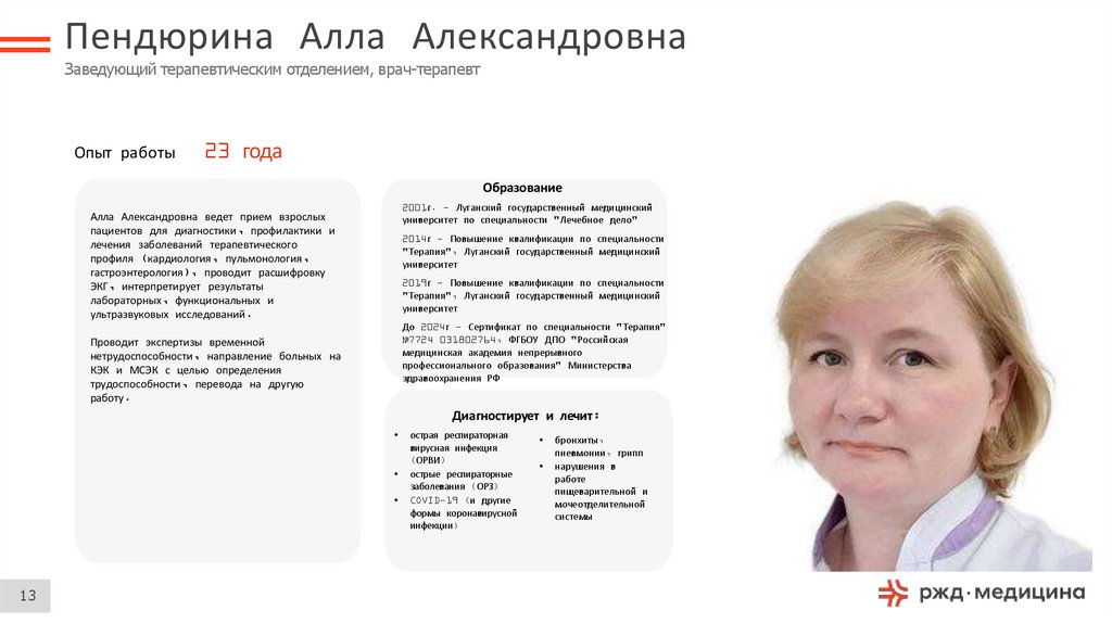 Пендюрина Алла Александровна Заведующий терапевтическим отделением, врач-терапевт