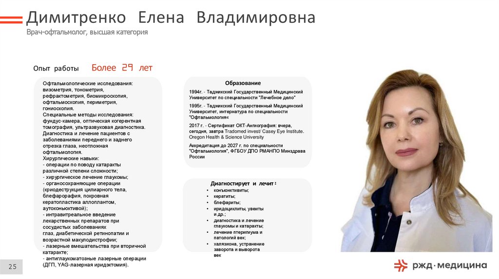 Димитренко Елена Владимировна Врач-офтальмолог, высшая категория