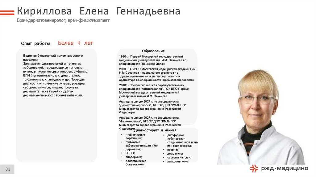 Кириллова Елена Геннадьевна Врач-дерматовенеролог, врач-физиотерапевт