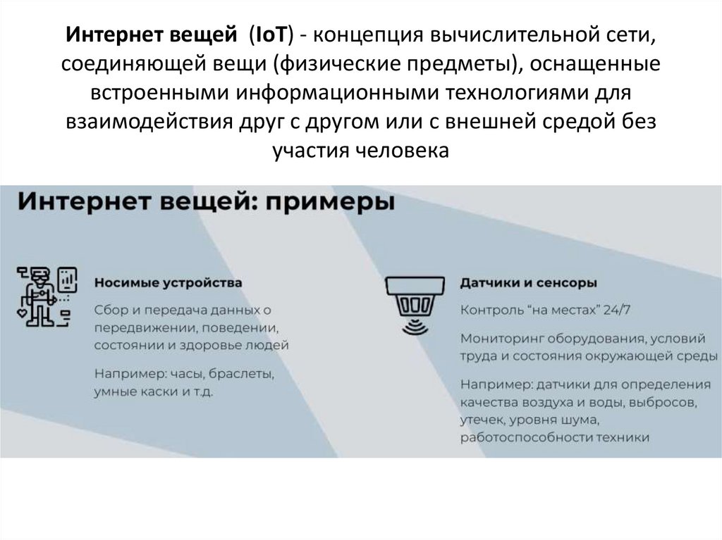 Интернет вещей  (IoT) - концепция вычислительной сети, соединяющей вещи (физические предметы), оснащенные встроенными
