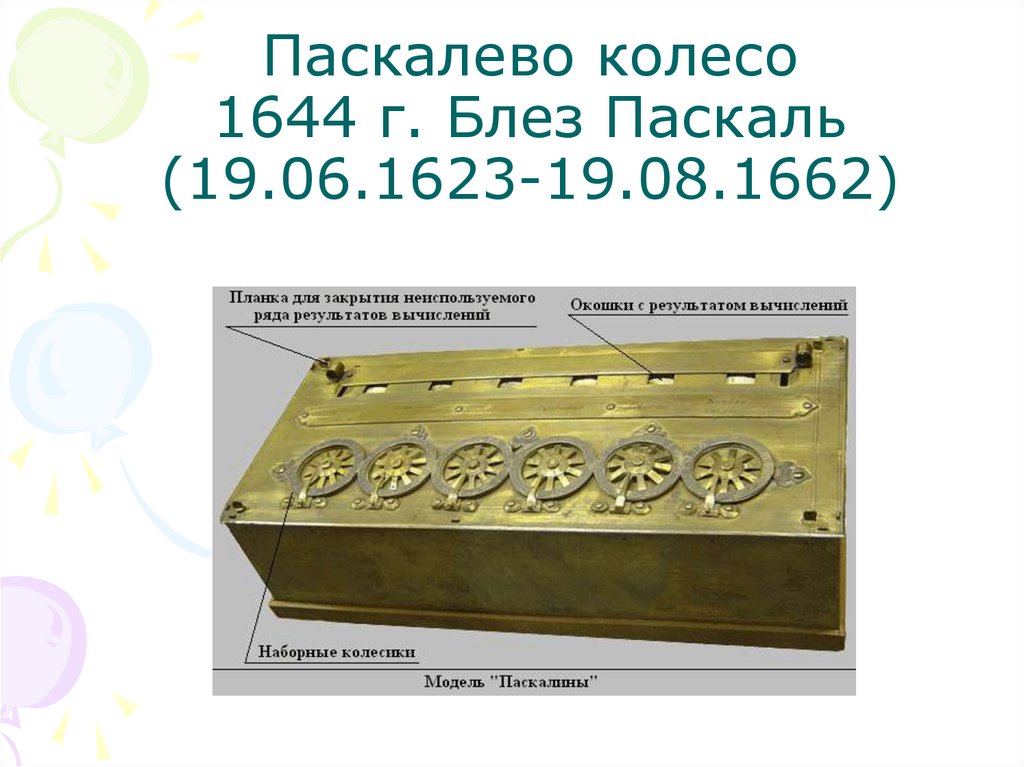 Паскалево колесо 1644 г. Блез Паскаль (19.06.1623-19.08.1662)