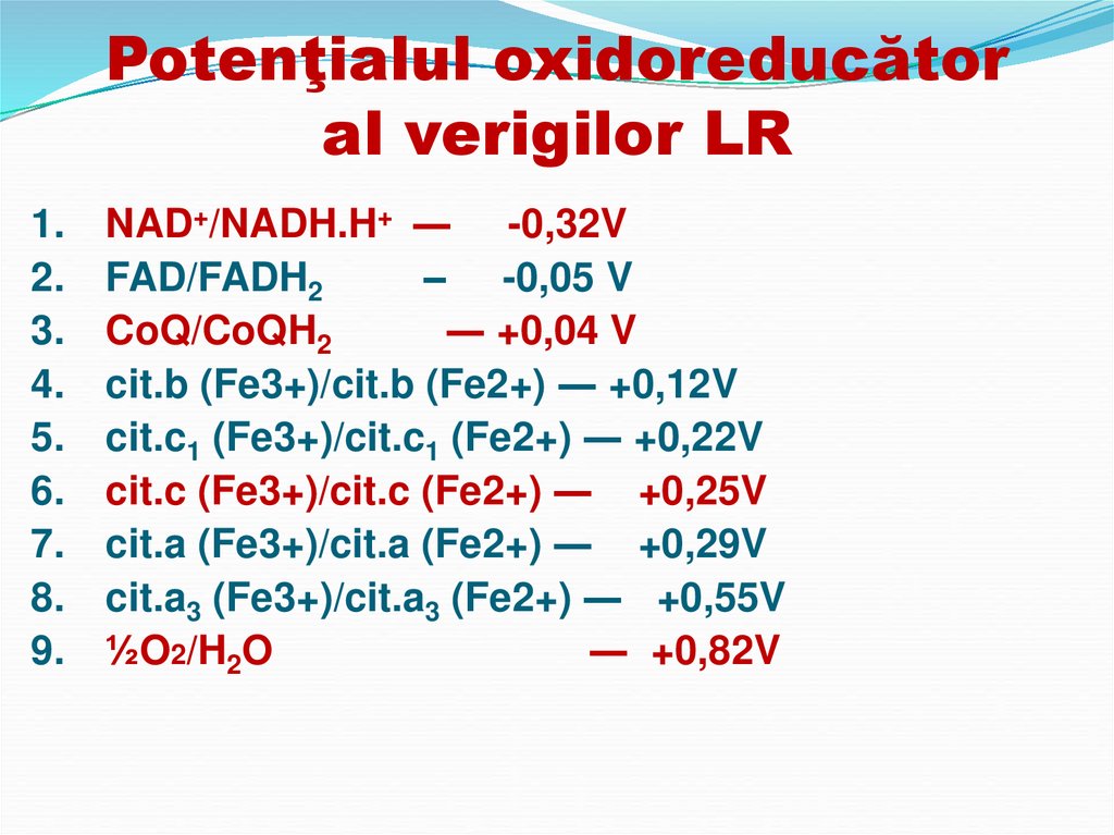 Potenţialul oxidoreducător al verigilor LR