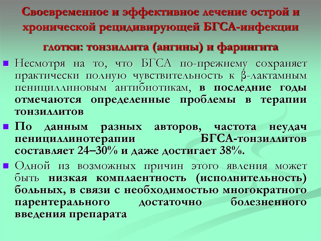 Своевременное и эффективное лечение острой и хронической рецидивирующей БГСА-инфекции глотки: тонзиллита (ангины) и фарингита