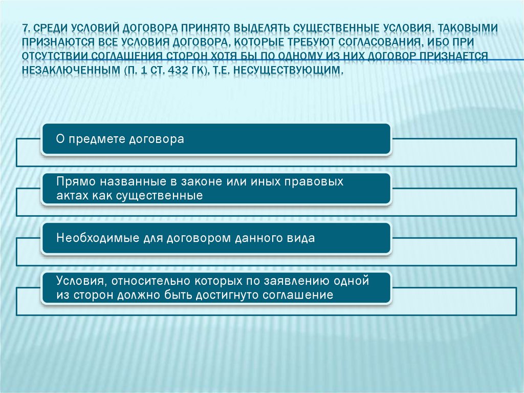 7. Среди условий договора принято выделять существенные условия. Таковыми признаются все условия договора, которые требуют