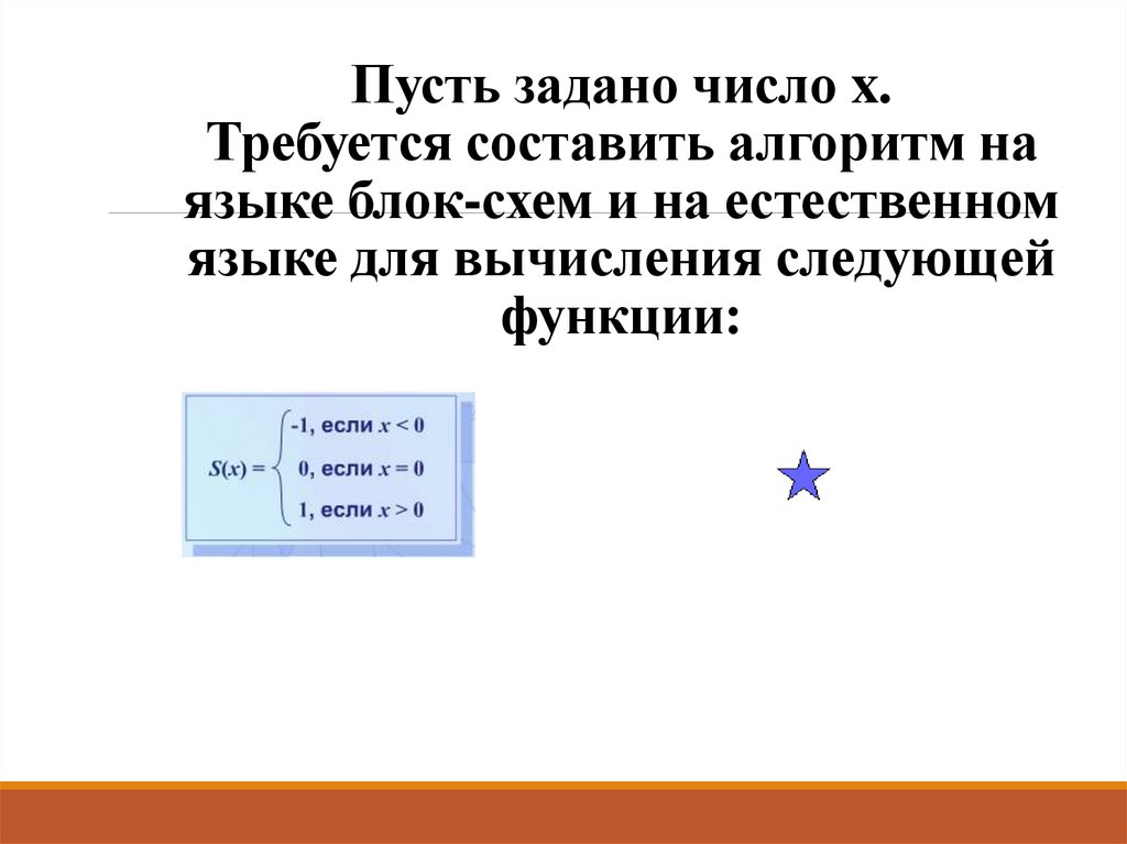 Пусть задано число x. Требуется составить алгоритм на языке блок-схем и на естественном языке для вычисления следующей функции: