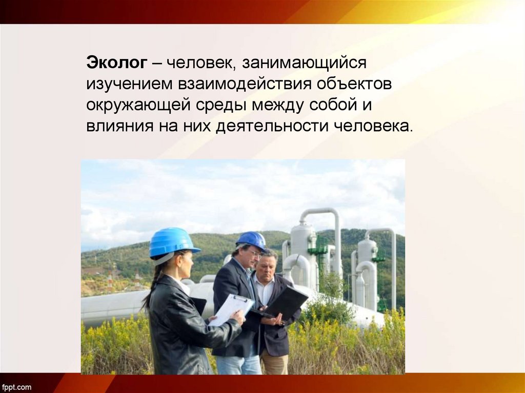 Эколог – человек, занимающийся изучением взаимодействия объектов окружающей среды между собой и влияния на них деятельности