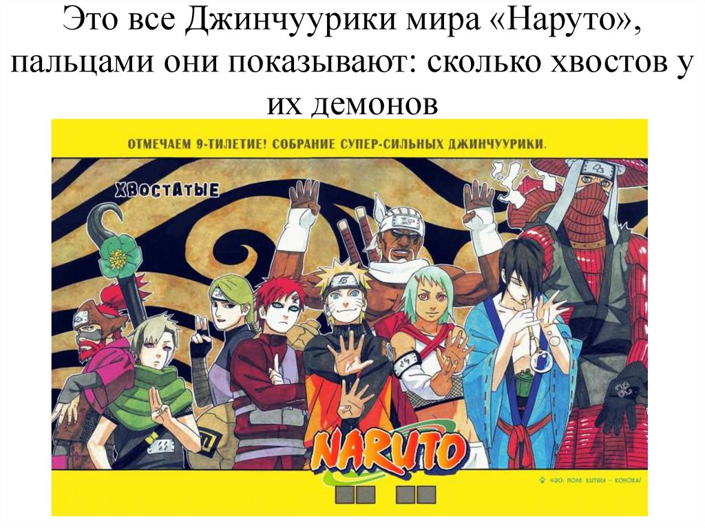 Это все Джинчуурики мира «Наруто», пальцами они показывают: сколько хвостов у их демонов