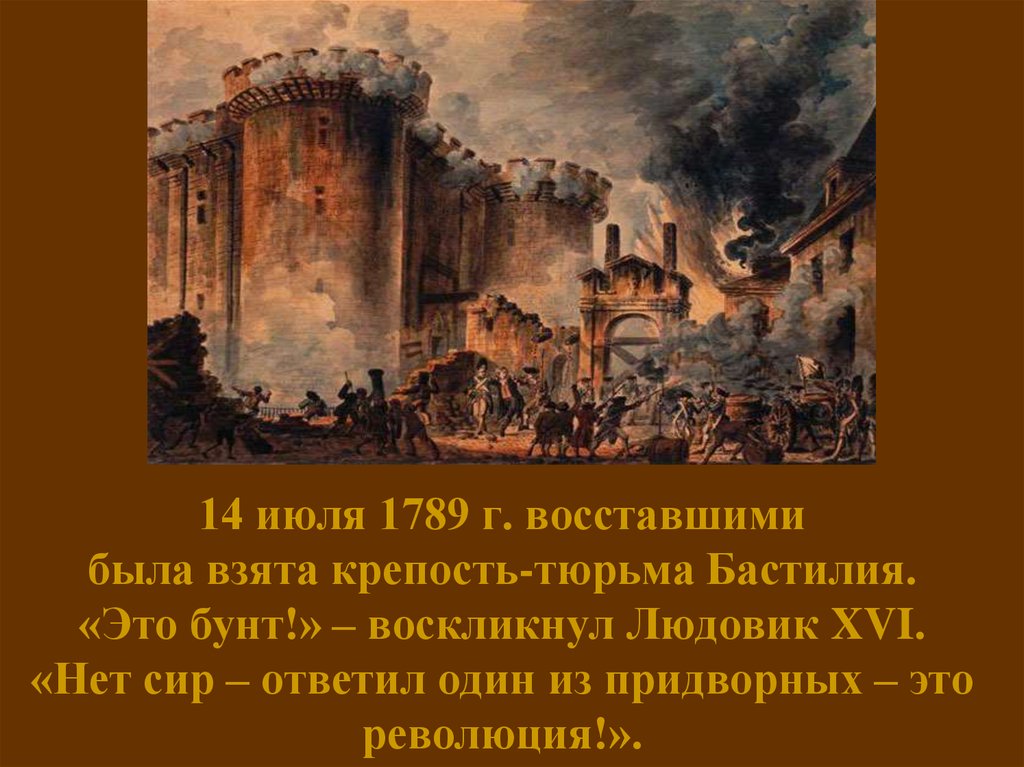 14 июля 1789 г. восставшими была взята крепость-тюрьма Бастилия. «Это бунт!» – воскликнул Людовик XVI. «Нет сир – ответил один