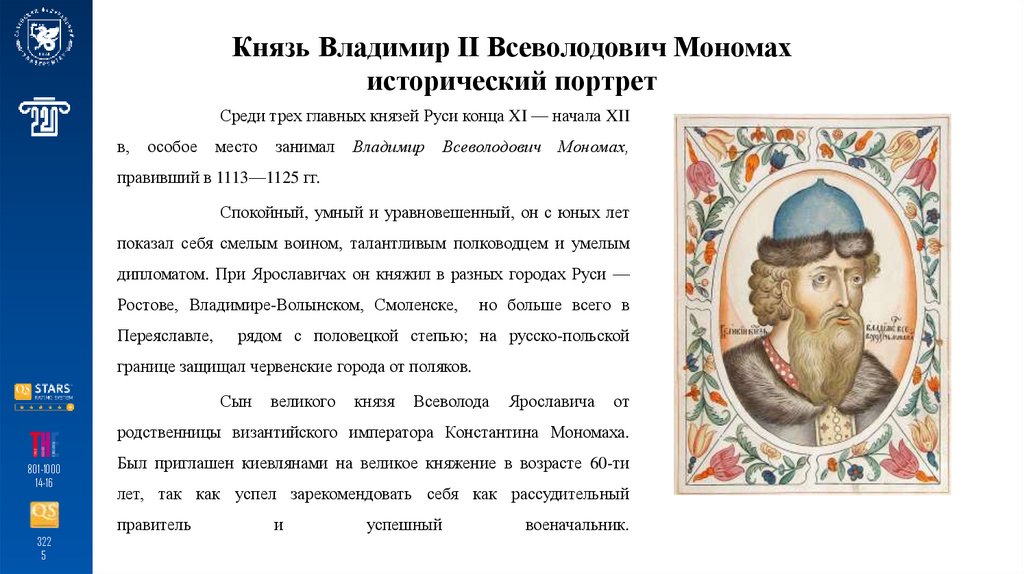 Князь Владимир II Всеволодович Мономах исторический портрет