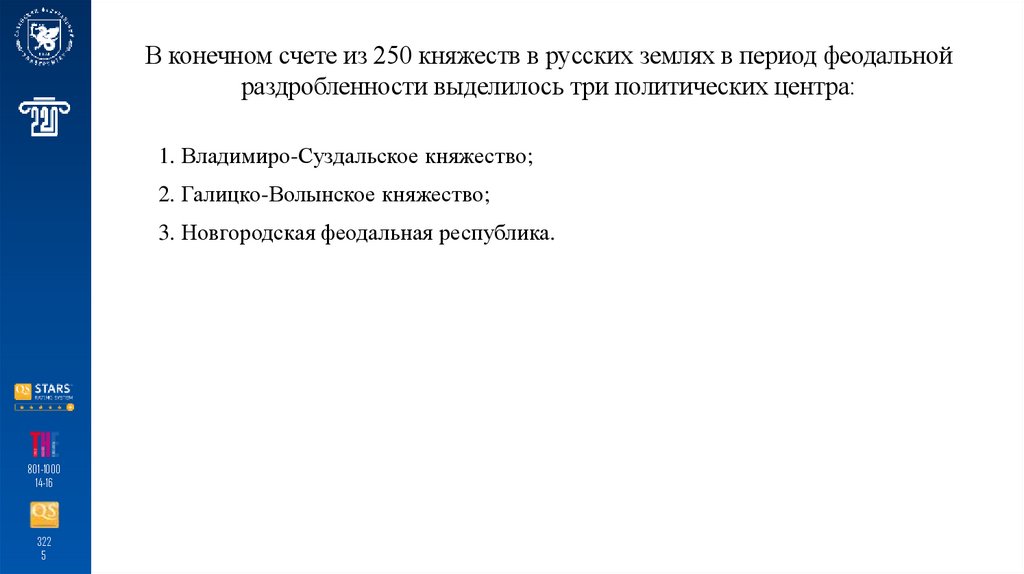 В конечном счете из 250 княжеств в русских землях в период феодальной раздробленности выделилось три политических центра: