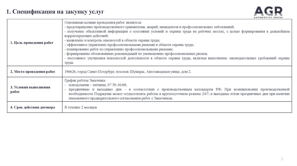 1. Спецификация на закупку услуг