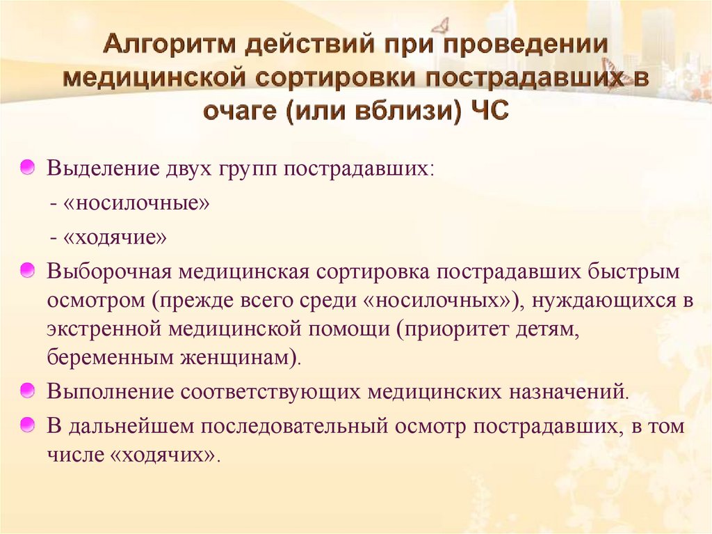 Алгоритм действий при проведении медицинской сортировки пострадавших в очаге (или вблизи) ЧС