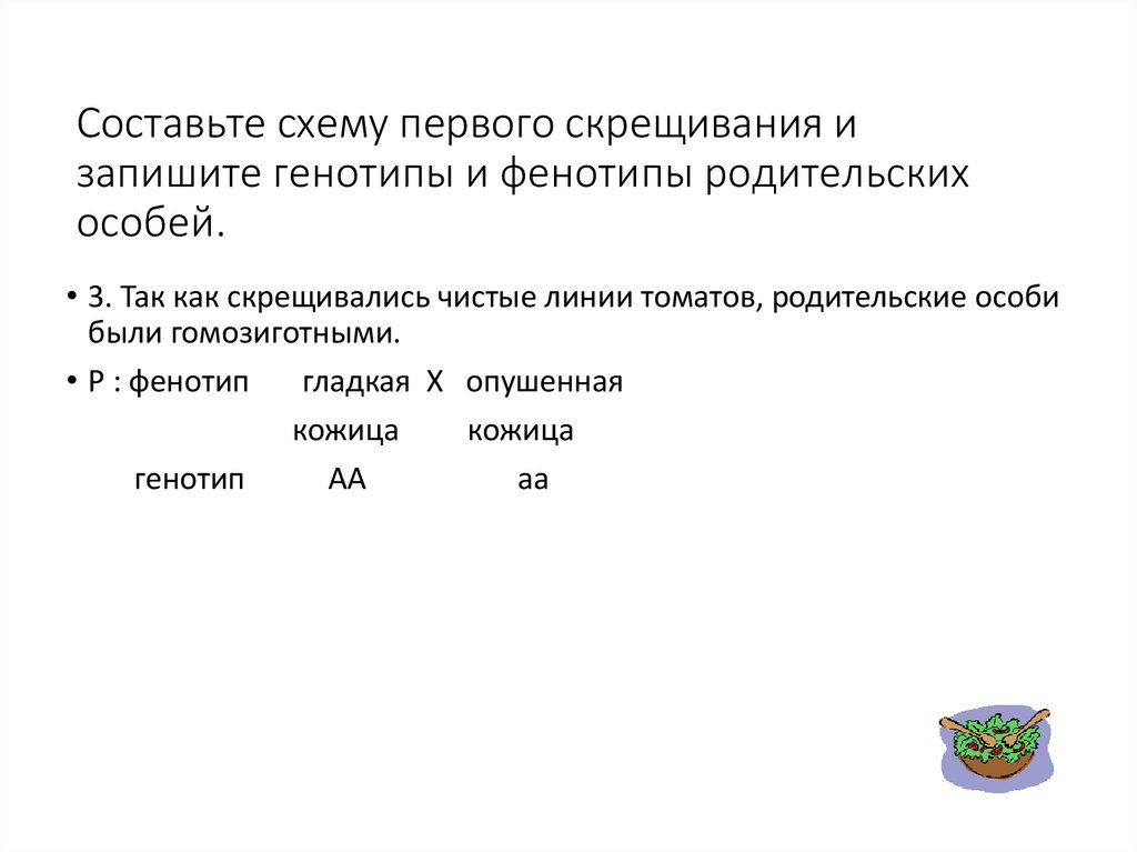 Составьте схему первого скрещивания и запишите генотипы и фенотипы родительских особей.