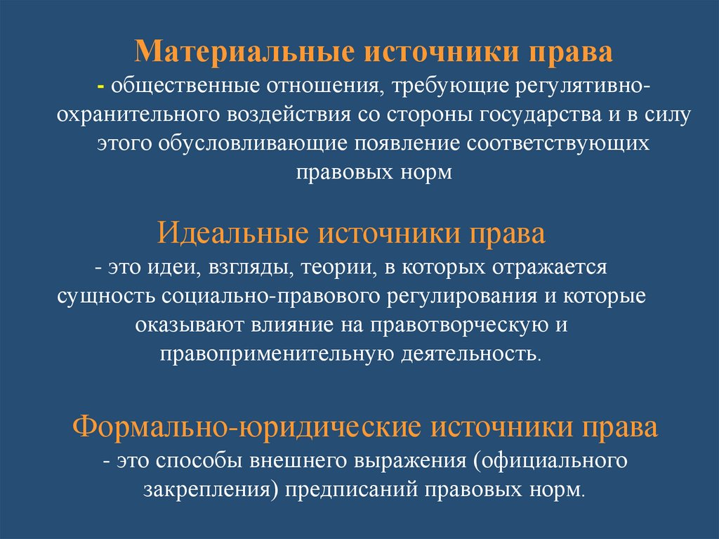 Материальные источники права - общественные отношения, требующие регулятивно-охранительного воздействия со стороны государства