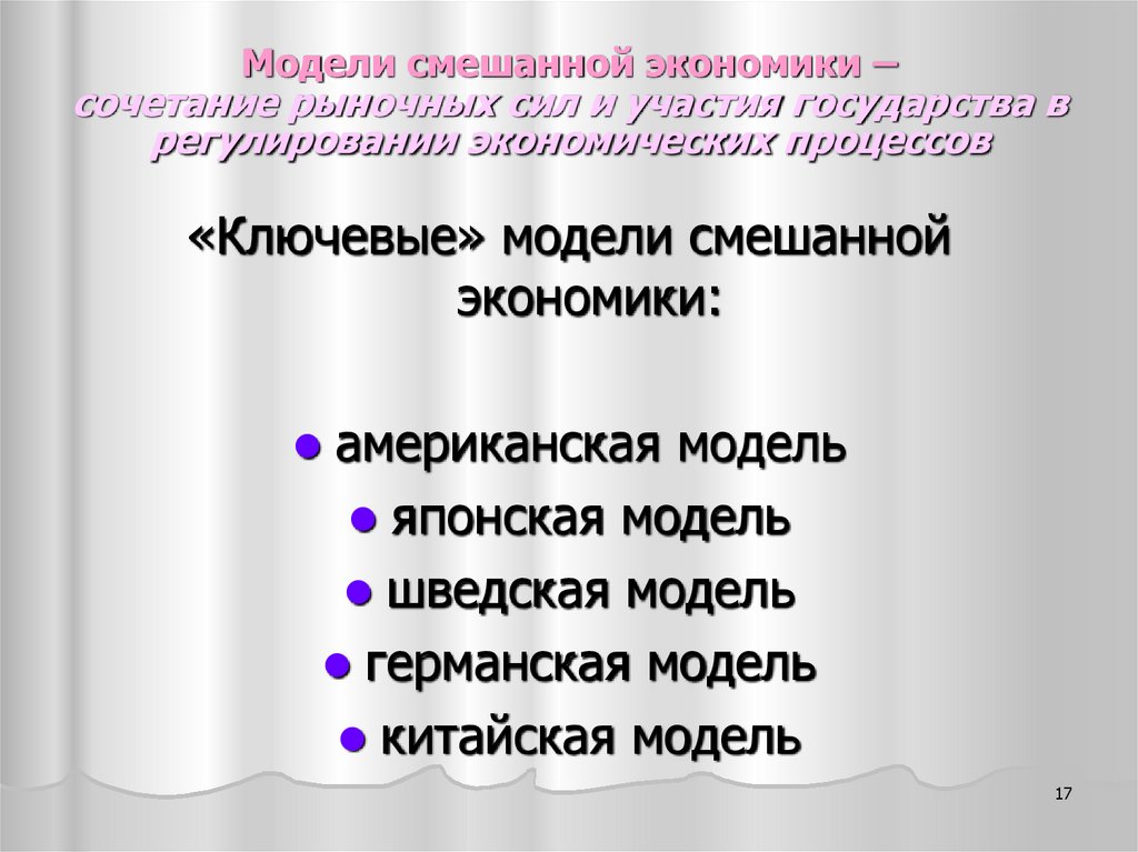 Модели смешанной экономики – сочетание рыночных сил и участия государства в регулировании экономических процессов
