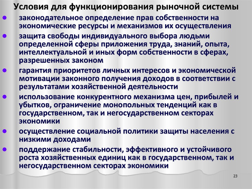 Условия для функционирования рыночной системы