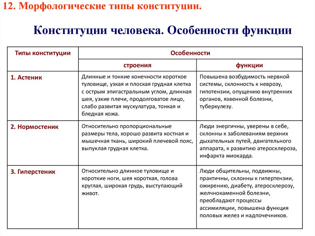 12. Морфологические типы конституции. Конституции человека. Особенности функции